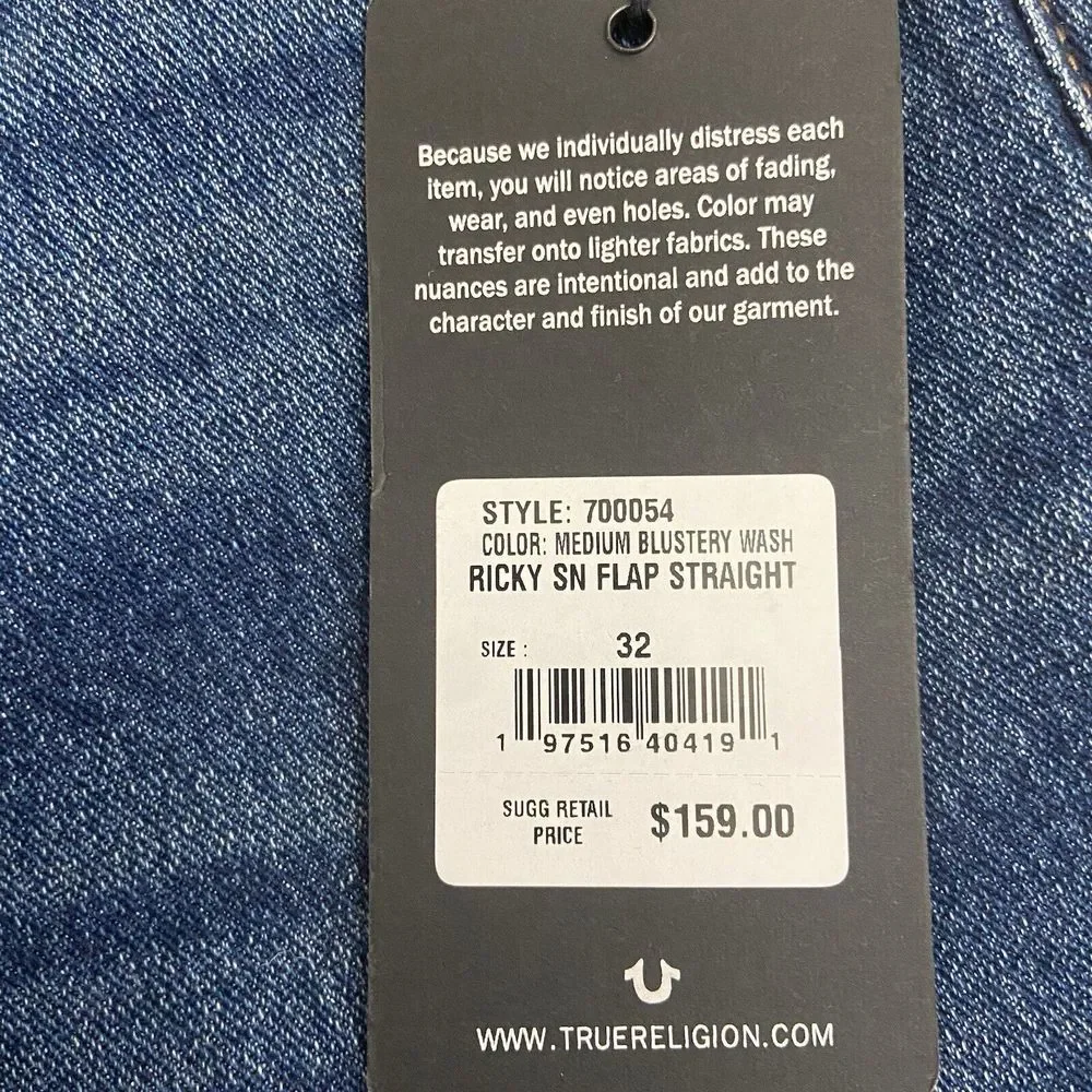 True Religion Jeans Men Size 32x33 Ricky Flap SN Relaxed Straight Blue Denim NWT